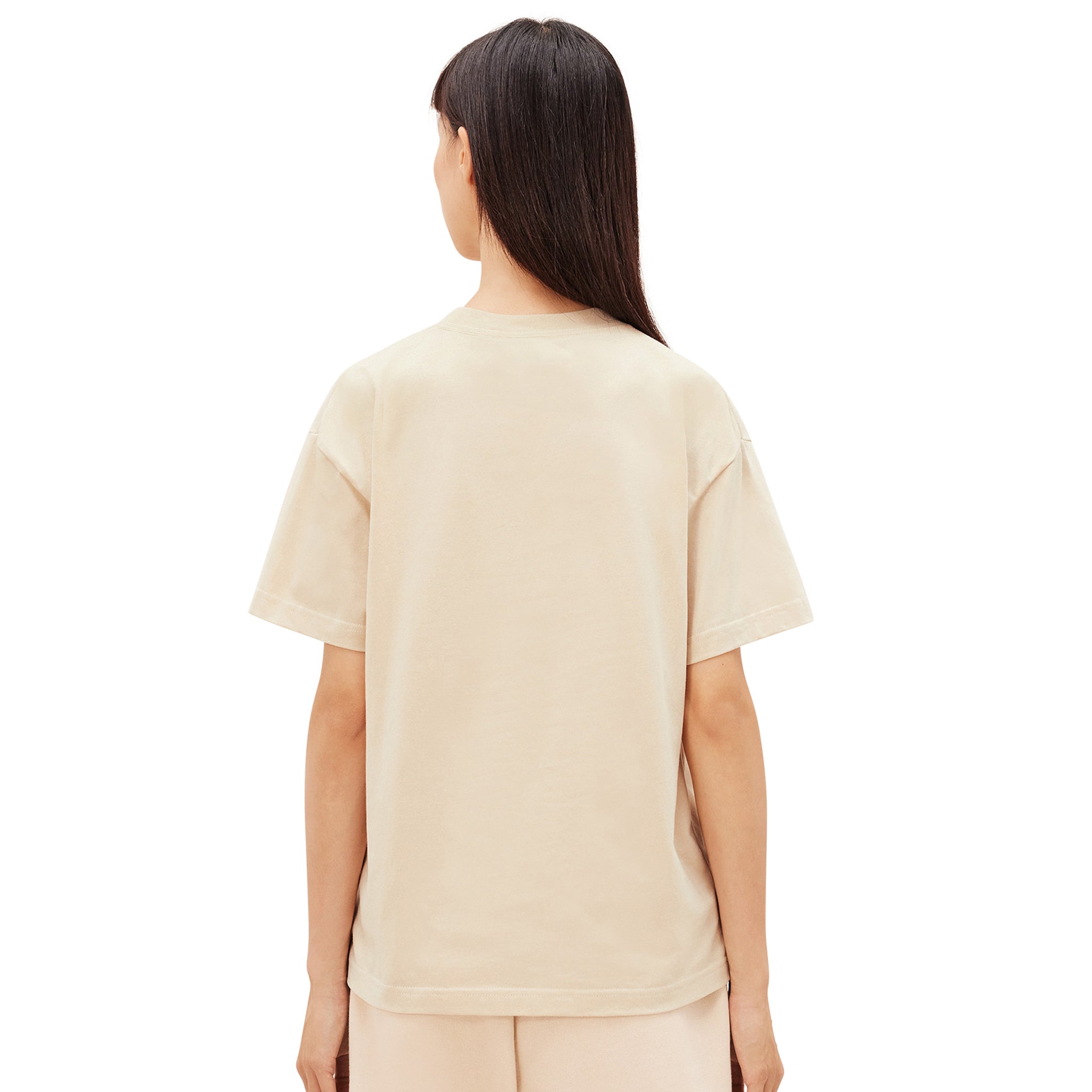 Female model back view of Jacquemus Logo T Shirt Light Beige 216JS207-2480-130